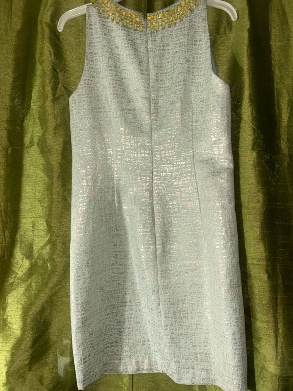 Maggy London Pale Blue Shift Dress with Gold Beaded Neckline - Picture 7 of 7